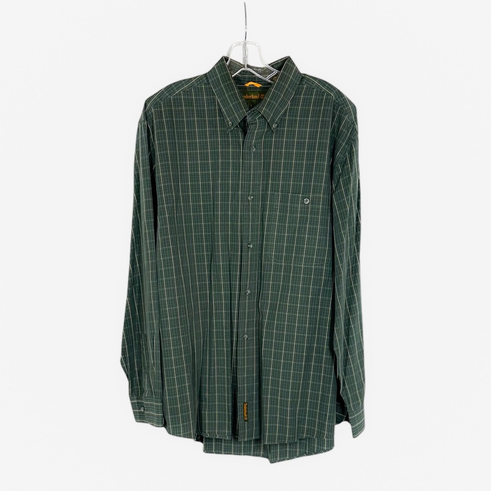 Mens Timberland Large Long Sleeve Button Up Cotton Shirt Green/Black Plaid EUC